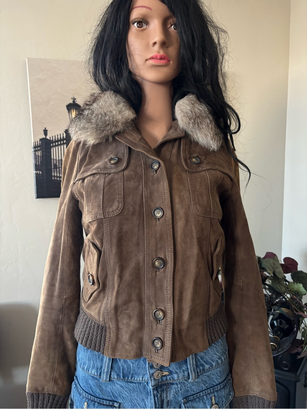Women's Brown Suede Jacket with Faux Fur Collar